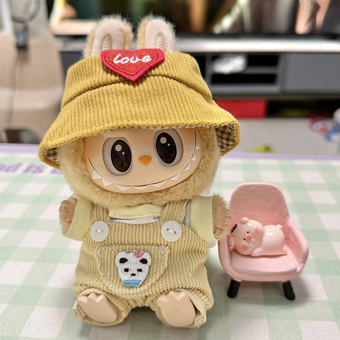 Labubu Clothes Labubu Yellow Pouch Suspenders + Red Heart Yellow Hat
