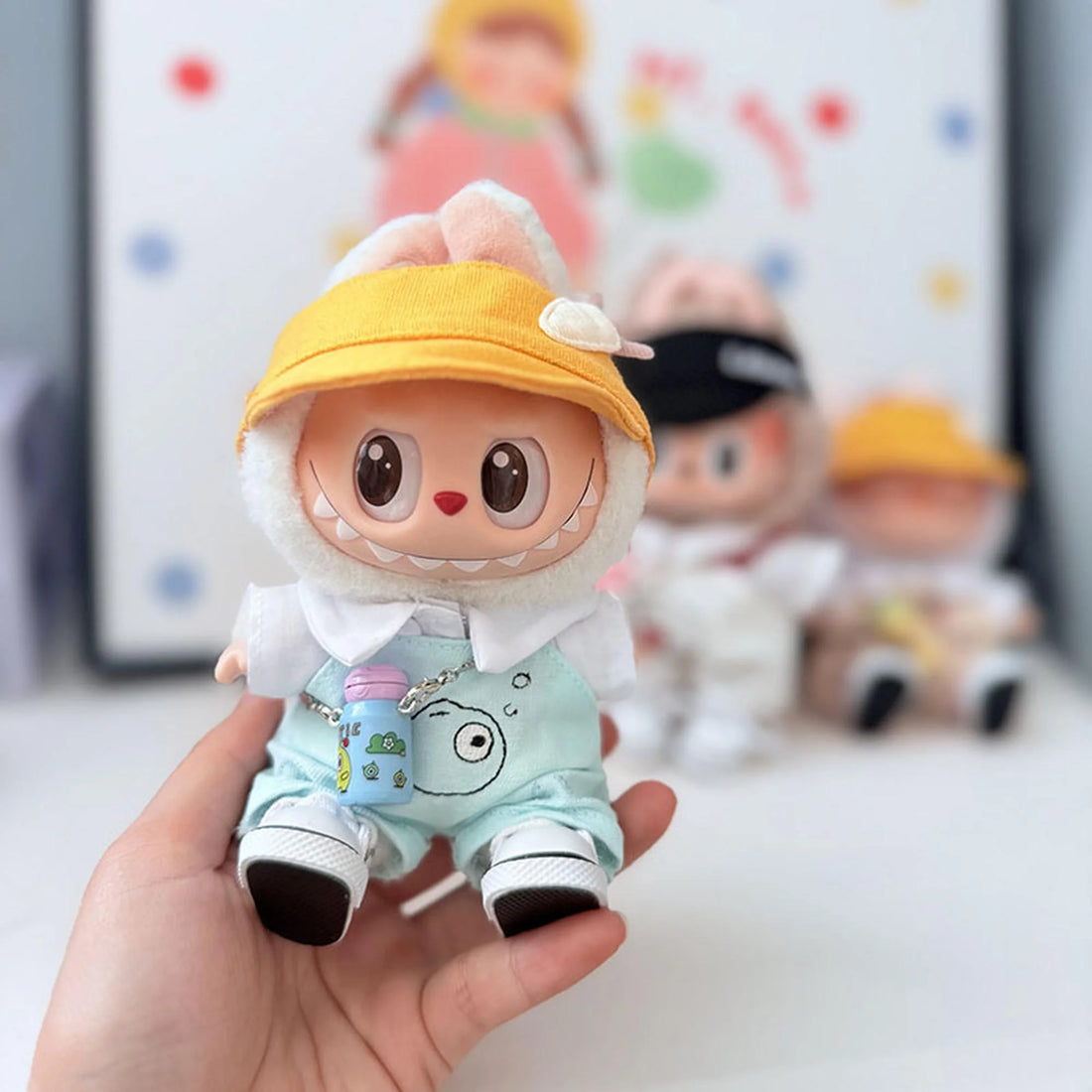 Labubu Clothes Labubu Yellow Radish Duckbill Hat + Bubble Fish Overalls + White Canvas Shoes + Blue Water Bottle