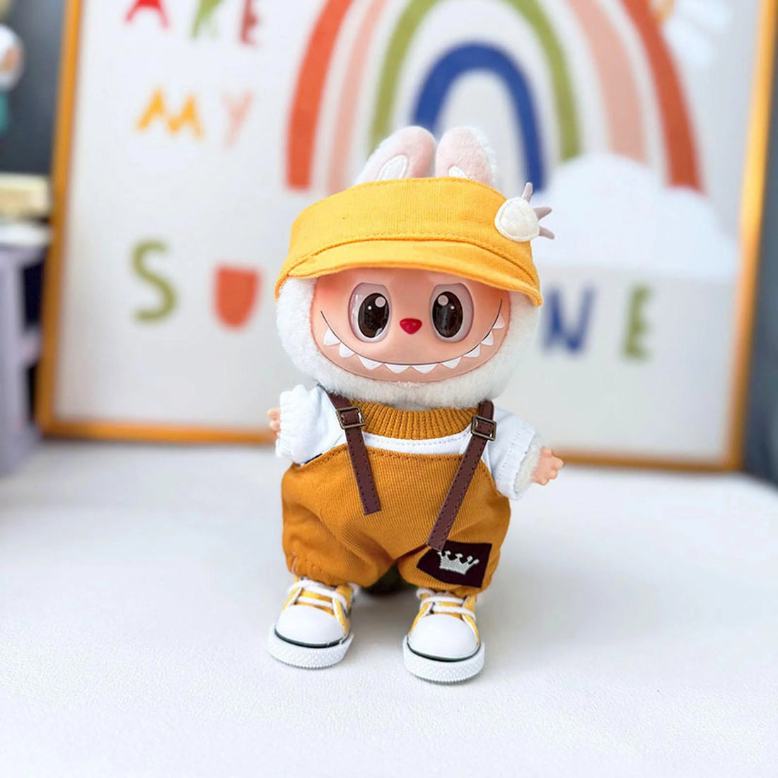 Labubu Clothes Labubu Yellow Radish Duckbill Hat + Crown Belt Overalls + Yellow Canvas Shoes