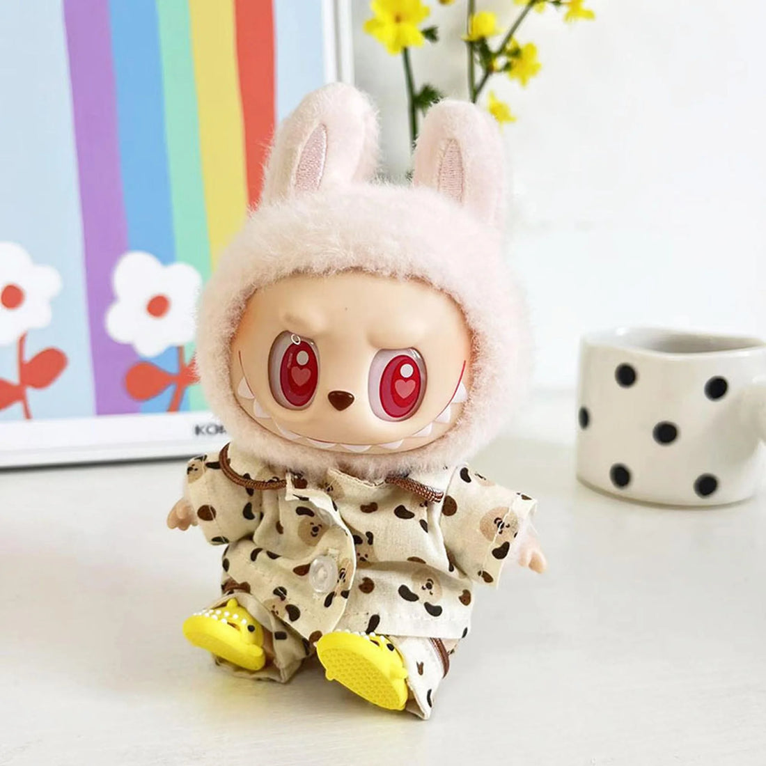 Labubu Clothes Labubu Yellow Shark Shoes + Milk Tea Puppy Pajama Set