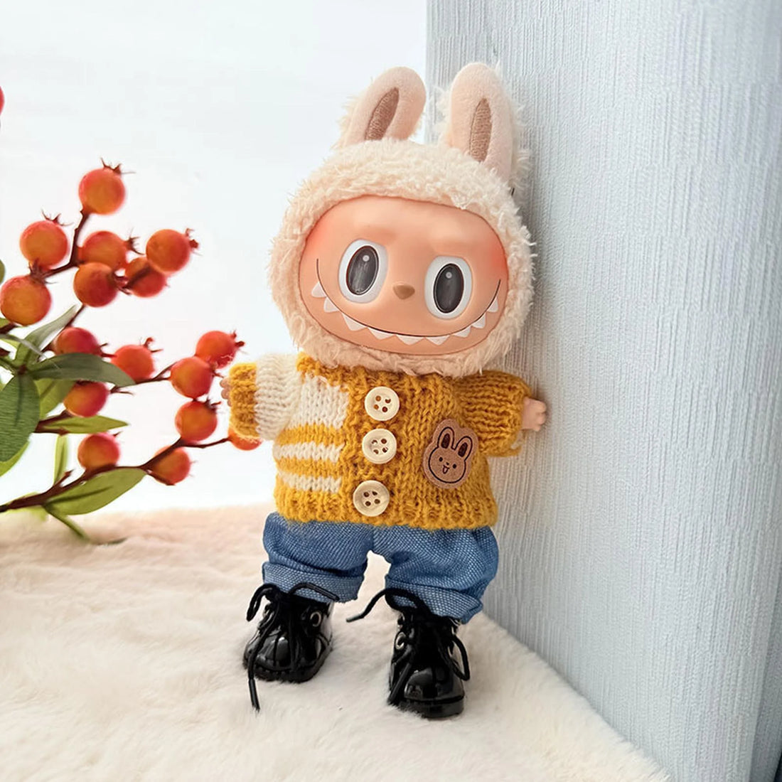 Labubu Clothes Labubu Yellow Striped Button Sweater + Blue Jeans + Black Lace-Up Dress Shoes