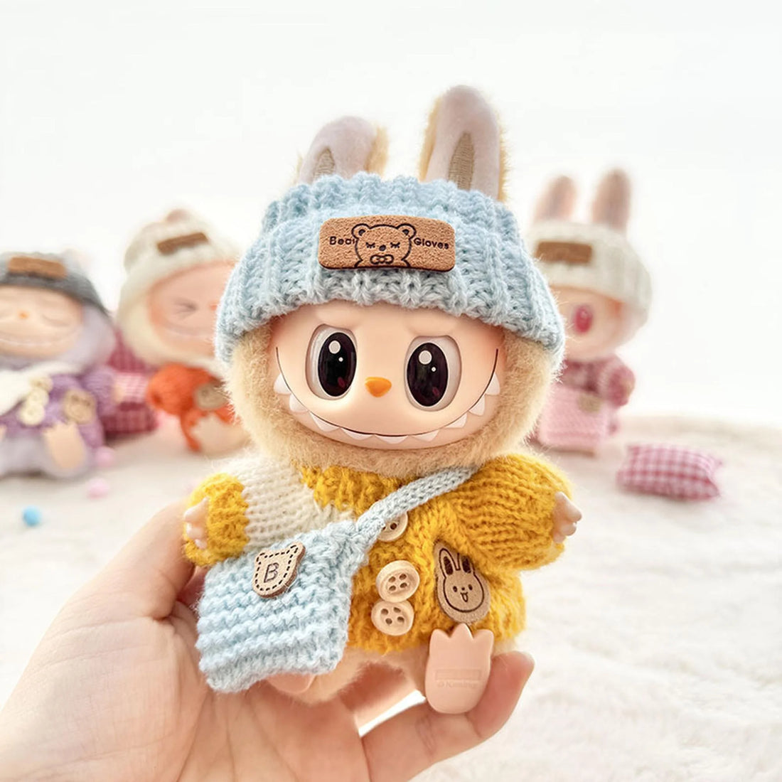 Labubu Clothes Labubu Yellow Striped Button Sweater + Blue Turn-Up Hat + Blue B Bag