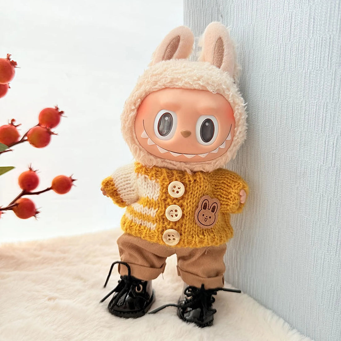 Labubu Clothes Labubu Yellow Striped Button Sweater + Khaki Pants + Black Lace-Up Shoes