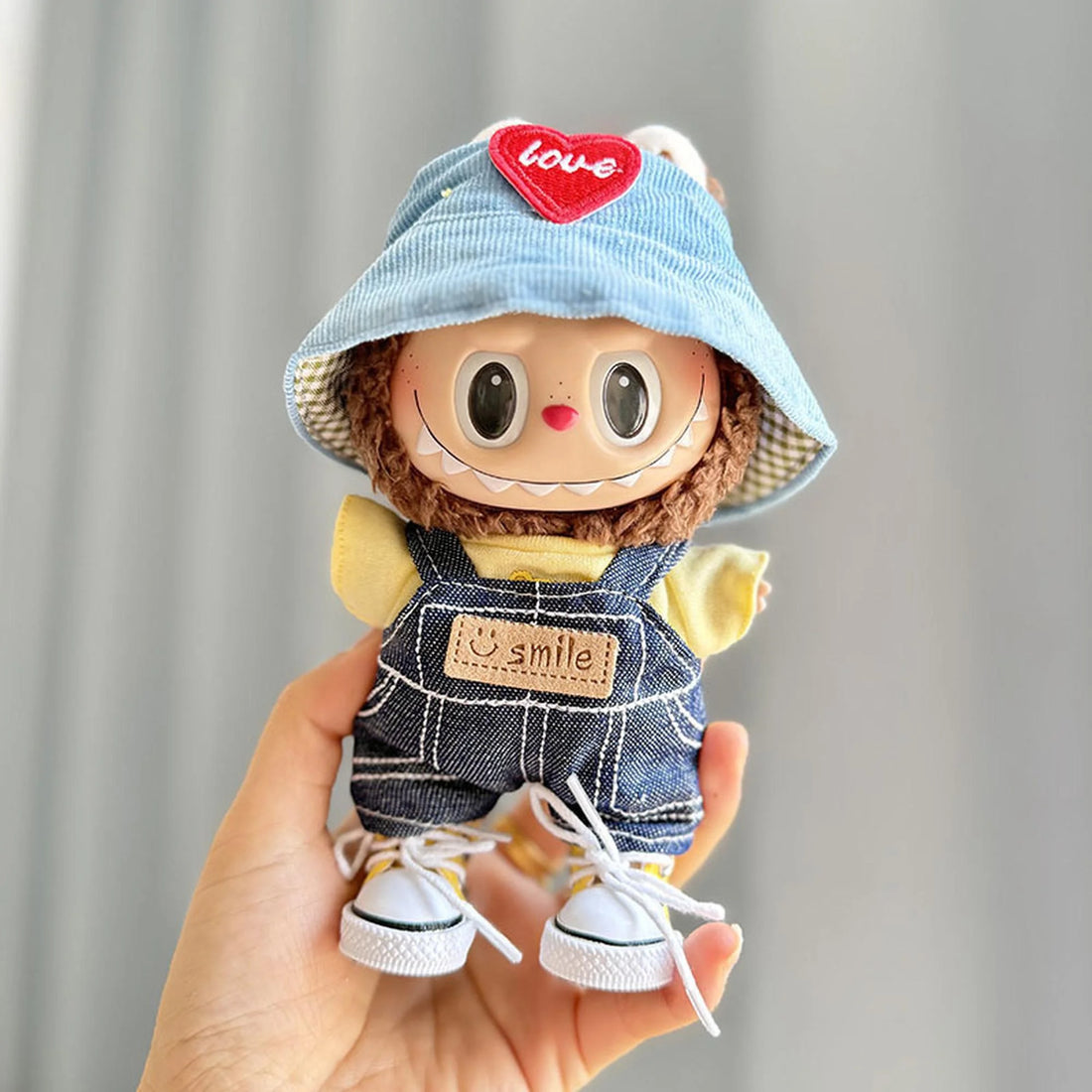 Labubu Clothes Labubu Yellow T-Shirt With Shoe Print, Blue &amp; Red Heart Hat, And Overalls 4-Piece Set