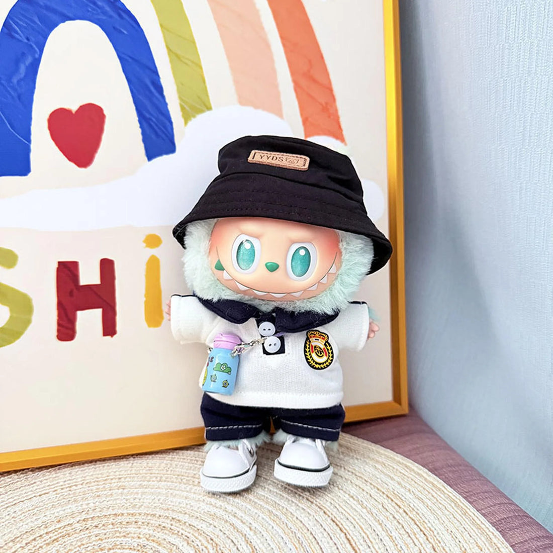 Labubu Clothes Labubu Yyds Black Hat + Noble Blue School Pants + White Canvas Shoes + Blue Water Bottle